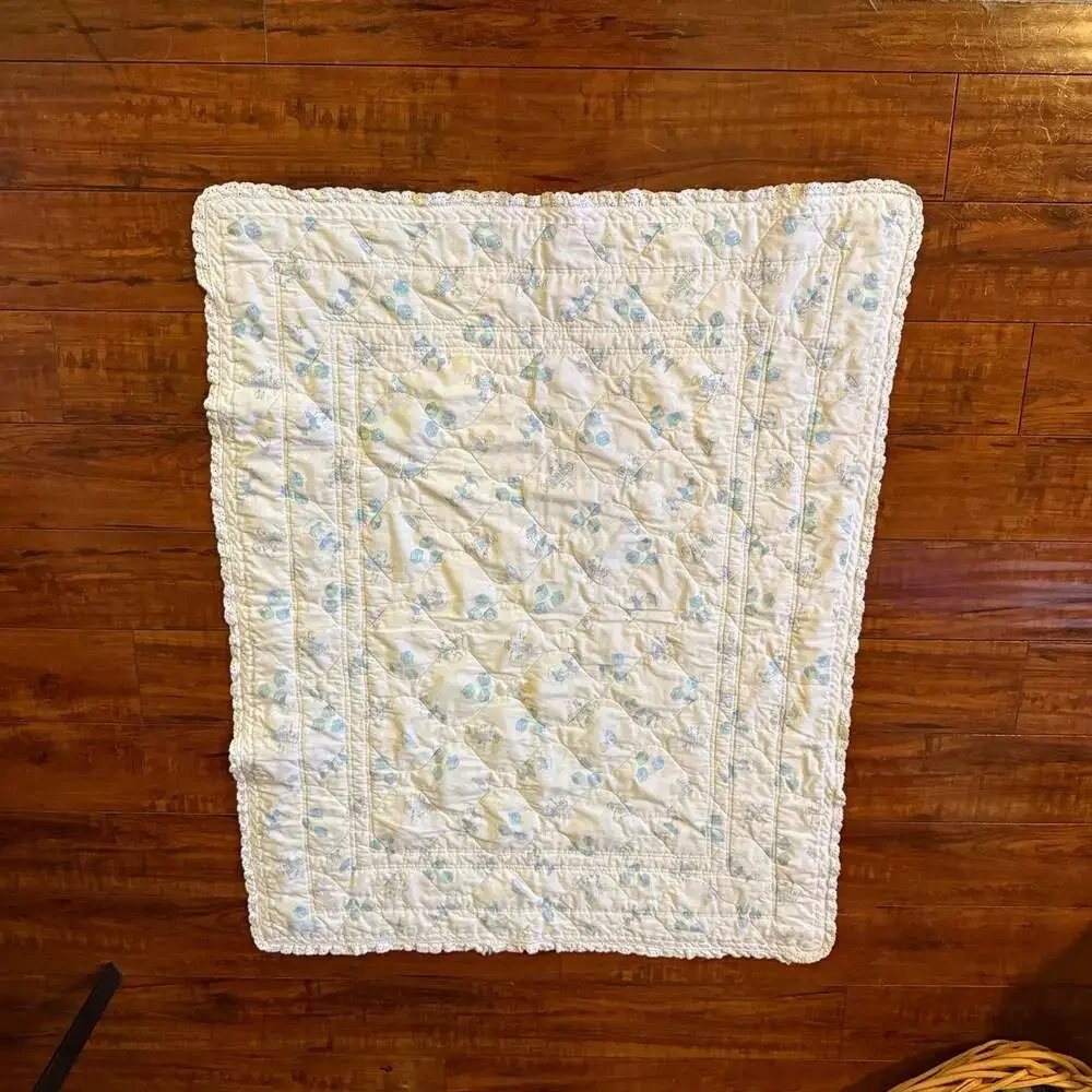 Vintage Quilted Baby Nursery Blanket With Lace Edge